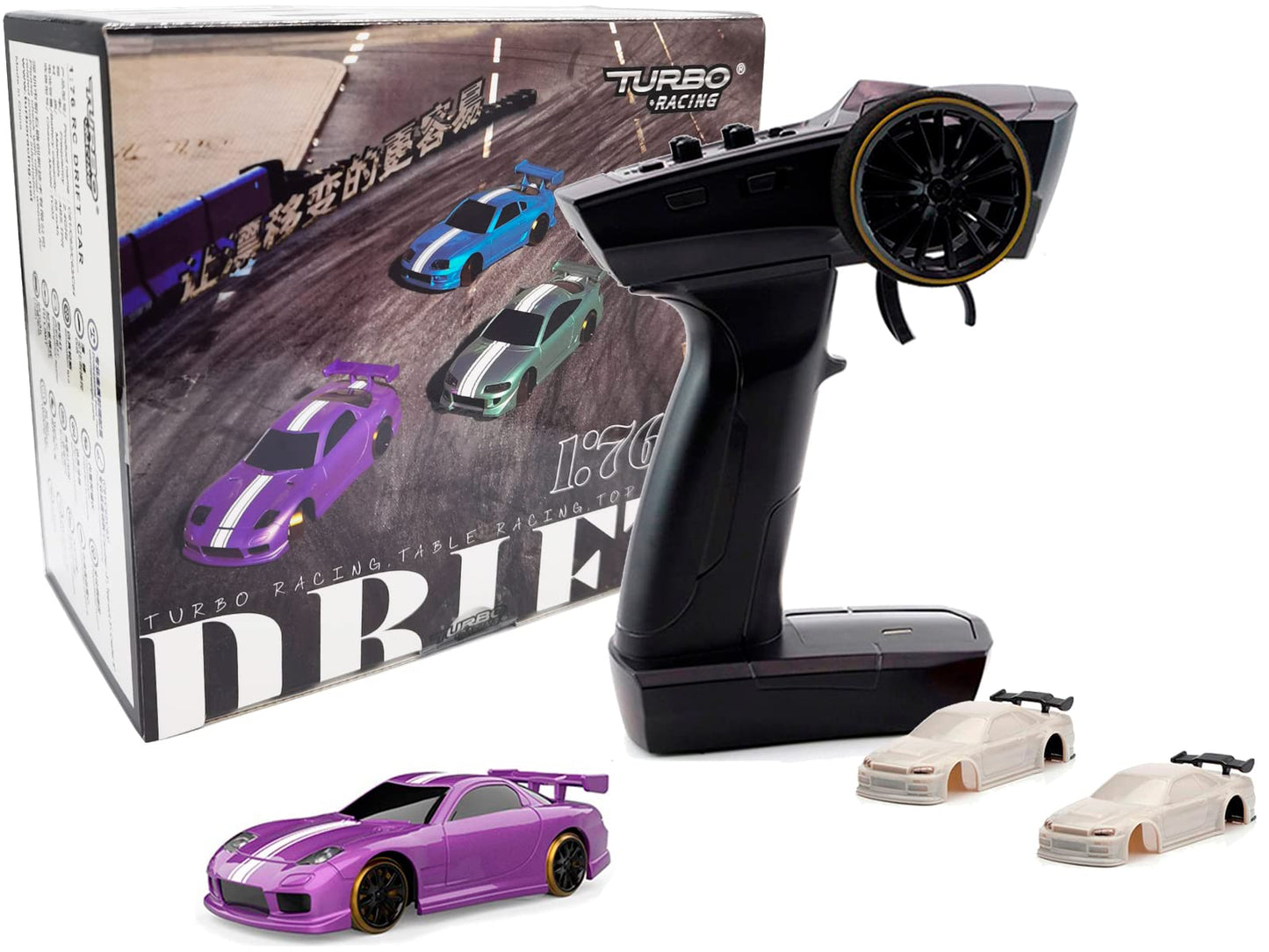 Turbo Racing 1:76 Scale Drift RC Car with Gyro Mini Full Proportional RTR 2.4GHZ Remote Control with 2 Replaceable Body Shell (C64-BLUE)