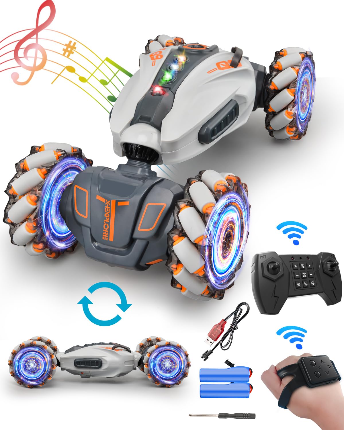 Remote Control Car, 2.4G 4WD Gesture RC Car, All Terrains Double Sides Rotating Hand Controlled RC Cars, Hand Gesture RC Truck with 2 Batteries, RC Cars for Boys and Girls with Light Music