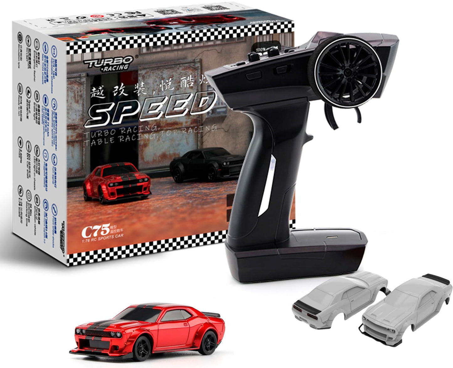 Turbo Racing 1:76 Scale Drift RC Car with Gyro Mini Full Proportional RTR 2.4GHZ Remote Control with 2 Replaceable Body Shell (C64-BLUE)