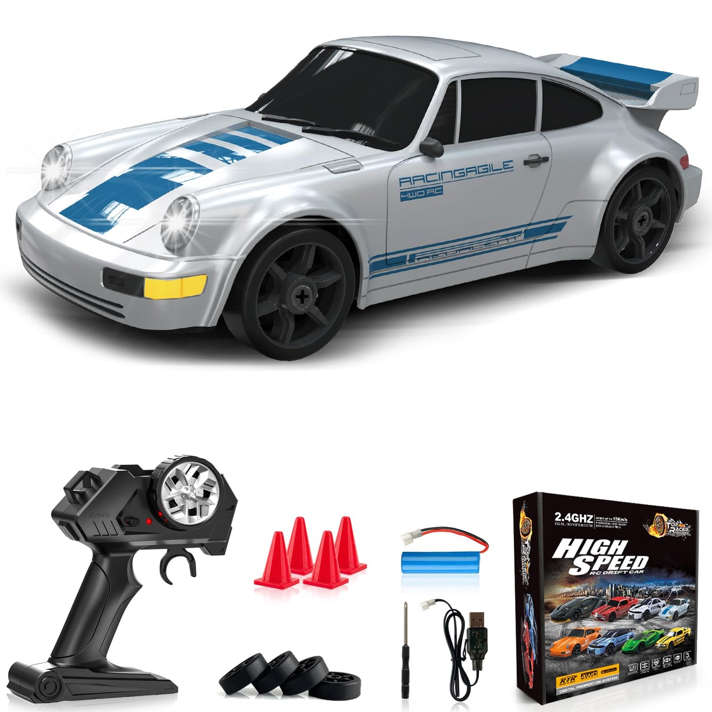 RC Drift Car 1:24 Remote Control Car 4WD 15KM/H High Speed Racing Sport Car with LED Lights RC Cars Toy Cars for Kids Boys Girls Adults Gifts Birthday Christmas Rechargeable Batteries