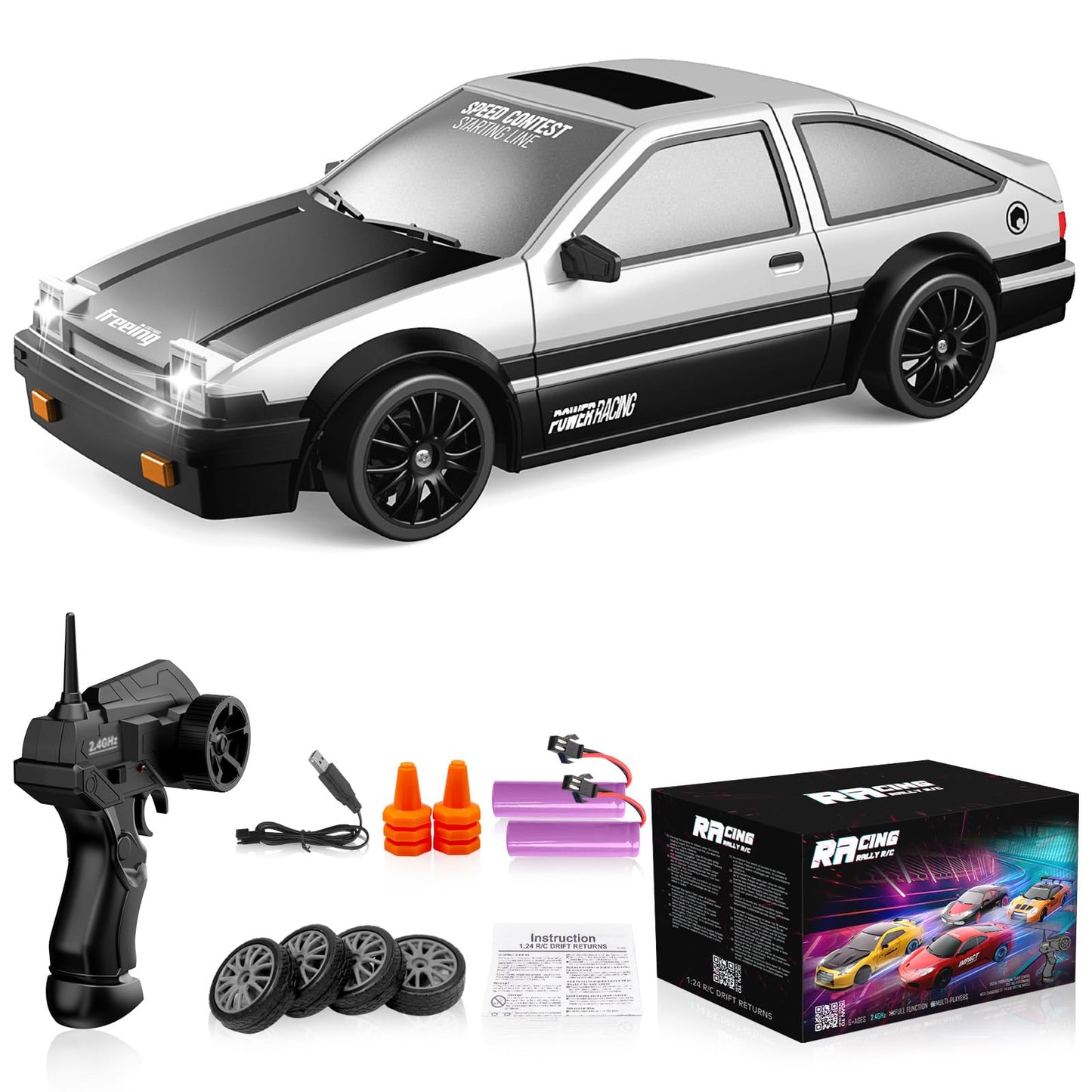 Remote Control Car RC Drift 2.4GHz 1:24 Scale 4WD 15KM/H High Speed Model Vehicle with LED Lights Drifting Tire Racing Sport Toy for Adults Boys Girls Kids Gift 2Pcs Rechargeable Batteries