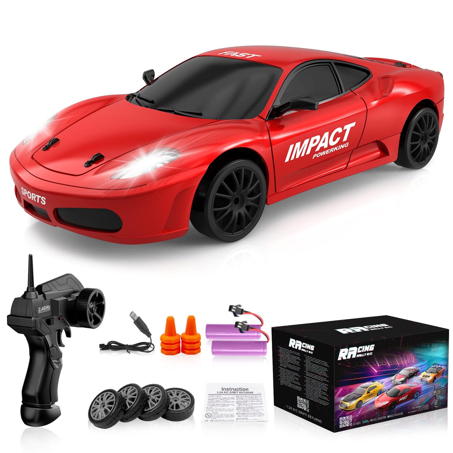 Remote Control Car RC Drift 2.4GHz 1:24 Scale 4WD 15KM/H High Speed Model Vehicle with LED Lights Drifting Tire Racing Sport Toy for Adults Boys Girls Kids Gift 2Pcs Rechargeable Batteries