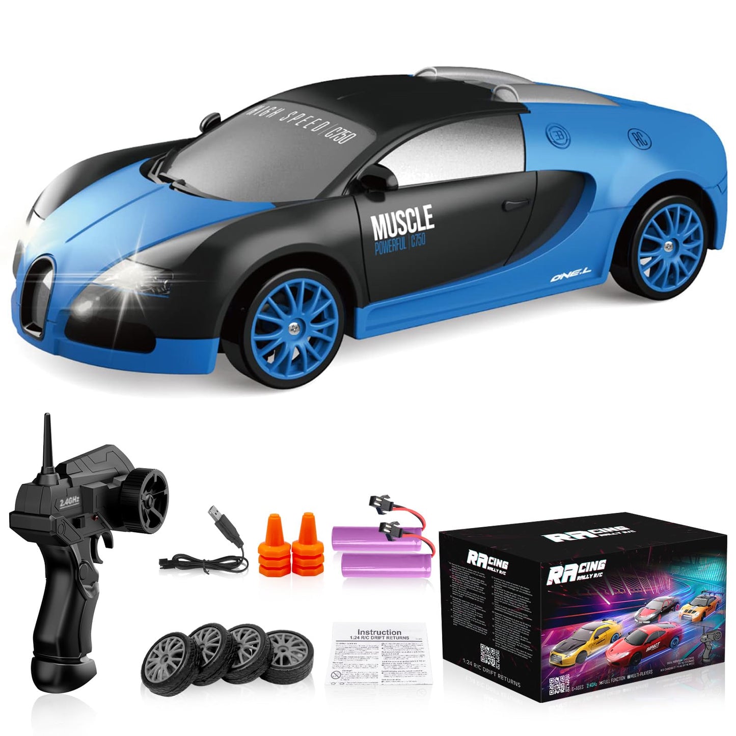 Remote Control Car RC Drift 2.4GHz 1:24 Scale 4WD 15KM/H High Speed Model Vehicle with LED Lights Drifting Tire Racing Sport Toy for Adults Boys Girls Kids Gift 2Pcs Rechargeable Batteries