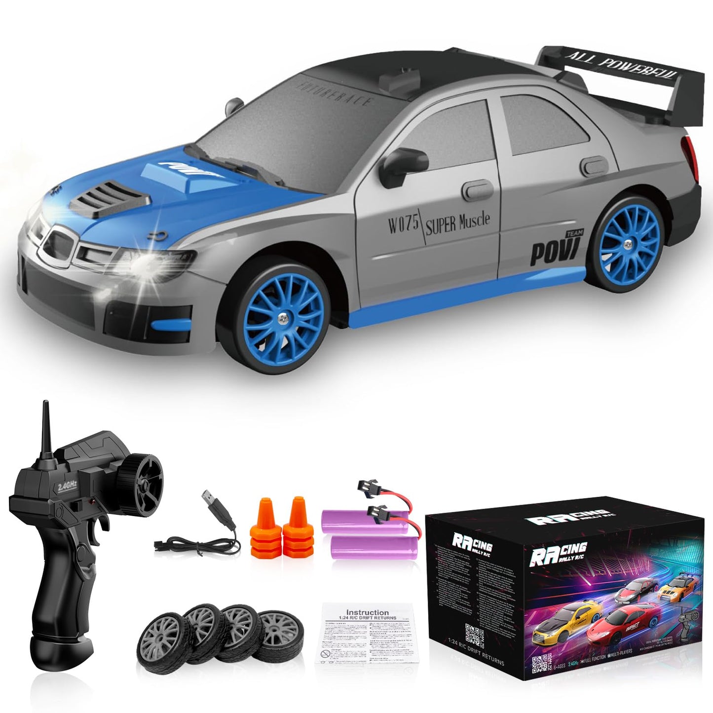 Remote Control Car RC Drift 2.4GHz 1:24 Scale 4WD 15KM/H High Speed Model Vehicle with LED Lights Drifting Tire Racing Sport Toy for Adults Boys Girls Kids Gift 2Pcs Rechargeable Batteries