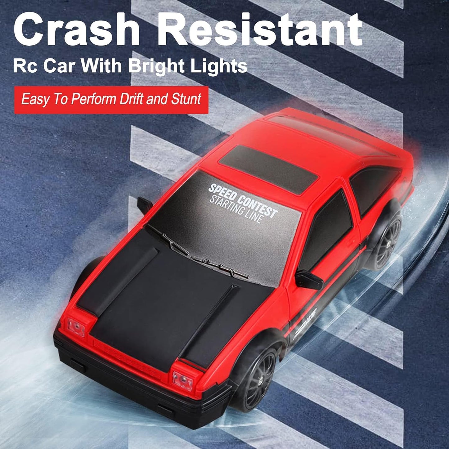 Remote Control Car RC Drift 2.4GHz 1:24 Scale 4WD 15KM/H High Speed Model Vehicle with LED Lights Drifting Tire Racing Sport Toy for Adults Boys Girls Kids Gift 2Pcs Rechargeable Batteries