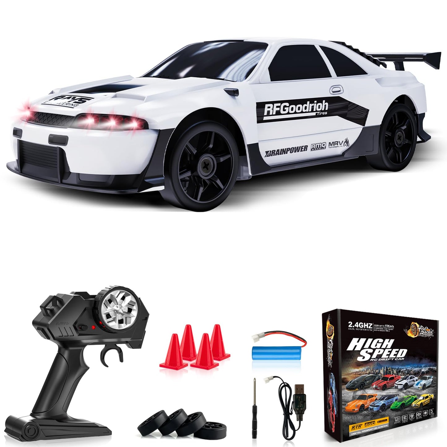RC Drift Car 1:24 Remote Control Car 4WD 15KM/H High Speed Racing Sport Car with LED Lights RC Cars Toy Cars for Kids Boys Girls Adults Gifts Birthday Christmas Rechargeable Batteries
