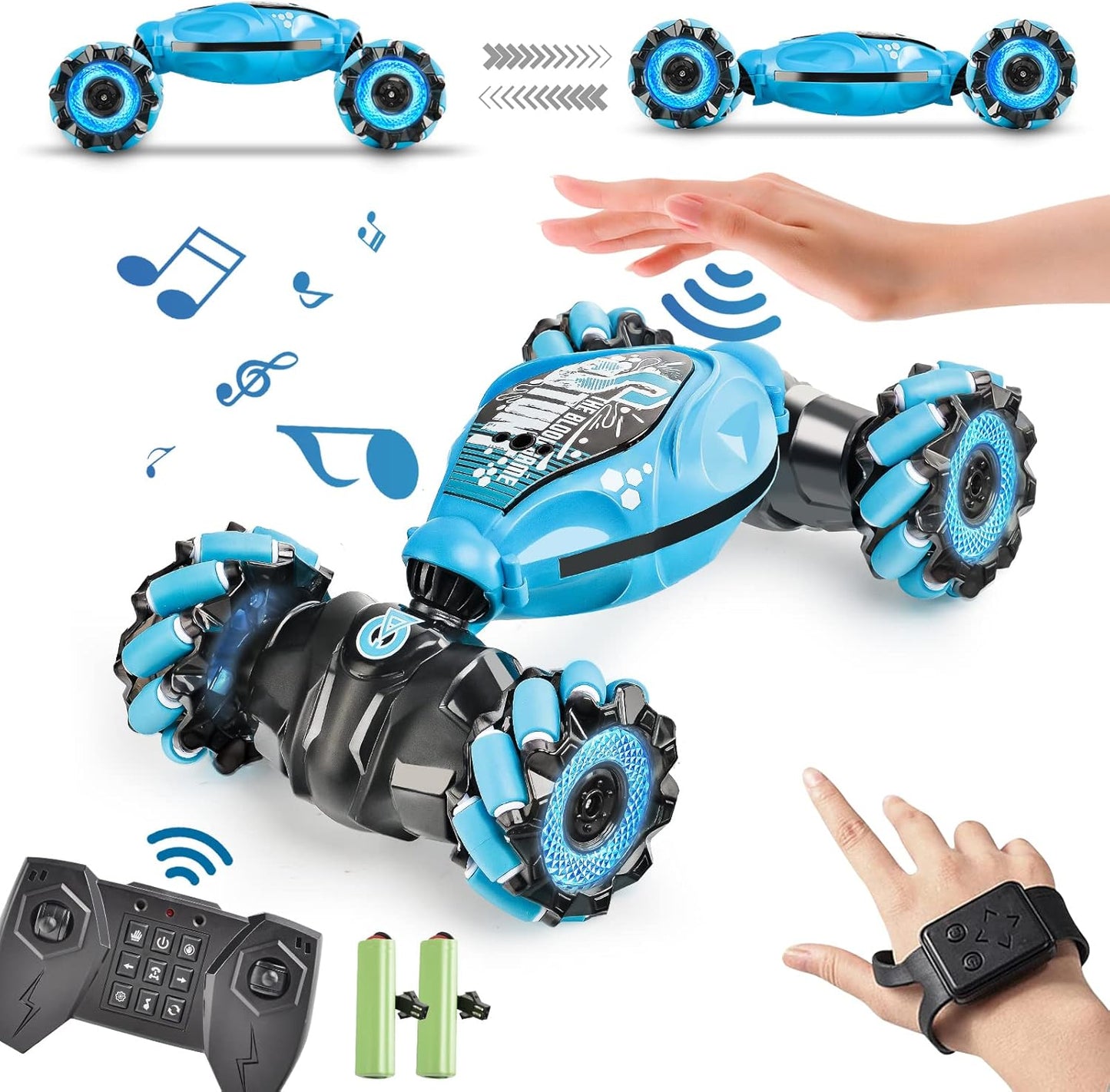 Remote Control Car, 2.4G 4WD Gesture RC Car, All Terrains Double Sides Rotating Hand Controlled RC Cars, Hand Gesture RC Truck with 2 Batteries, RC Cars for Boys and Girls with Light Music