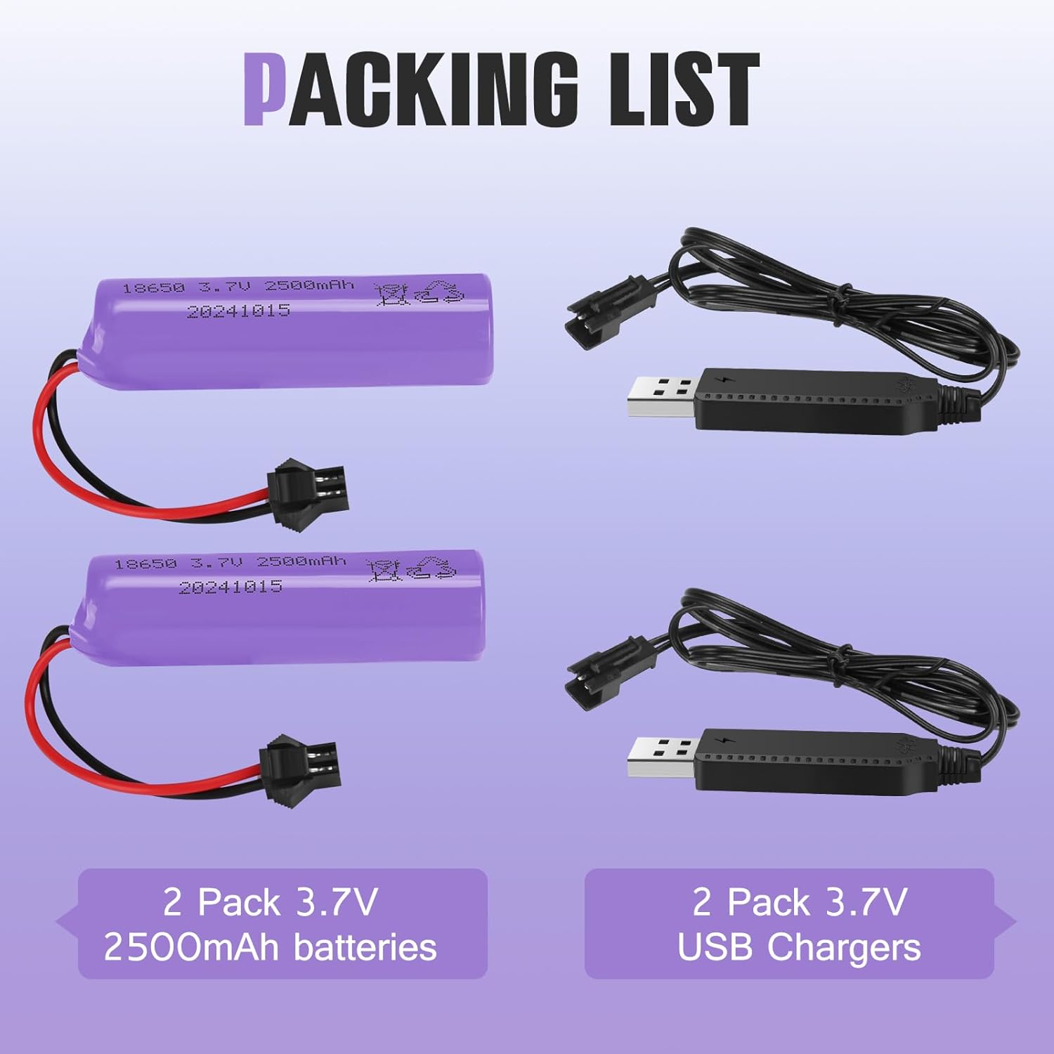 2 Pack 3.7V 2500mAh Li-ion Rechargeable Battery for Remote Control Cars Toy Monster Off-Road Trucks Racing RC Car，DE45 DE42 Remote Control Cars Size 2.67 * 0.7inch
