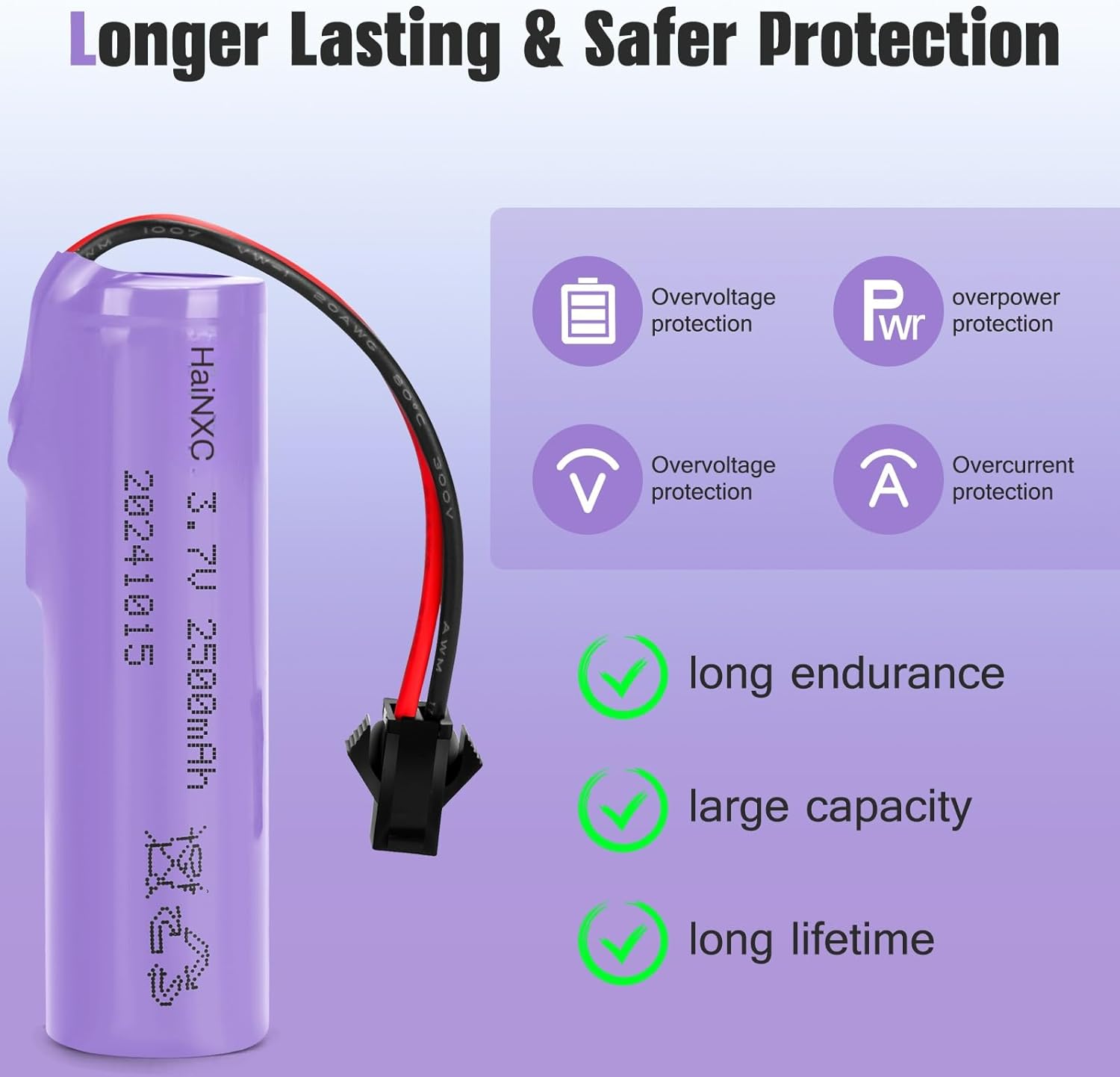 2 Pack 3.7V 2500mAh Li-ion Rechargeable Battery for Remote Control Cars Toy Monster Off-Road Trucks Racing RC Car，DE45 DE42 Remote Control Cars Size 2.67 * 0.7inch