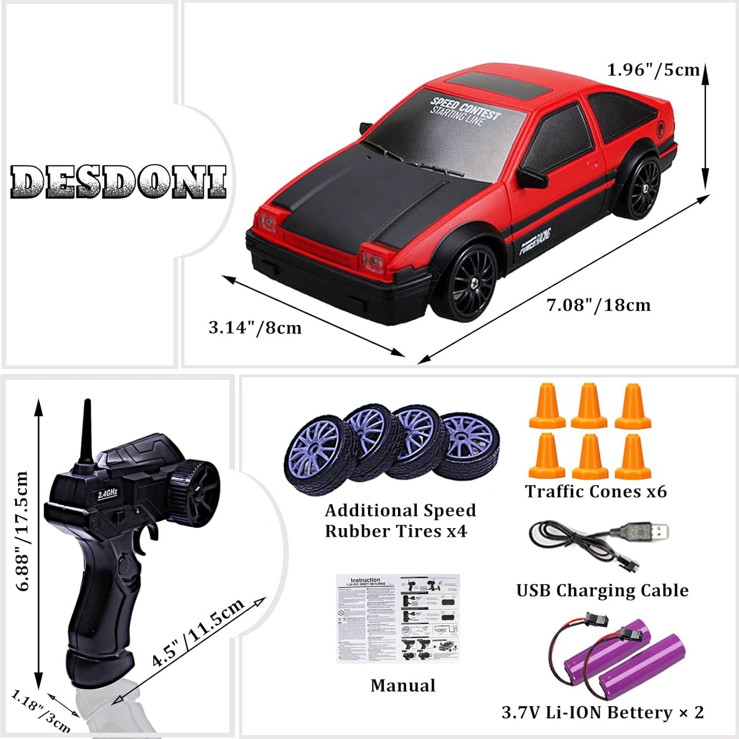 Remote Control Car RC Drift 2.4GHz 1:24 Scale 4WD 15KM/H High Speed Model Vehicle with LED Lights Drifting Tire Racing Sport Toy for Adults Boys Girls Kids Gift 2Pcs Rechargeable Batteries