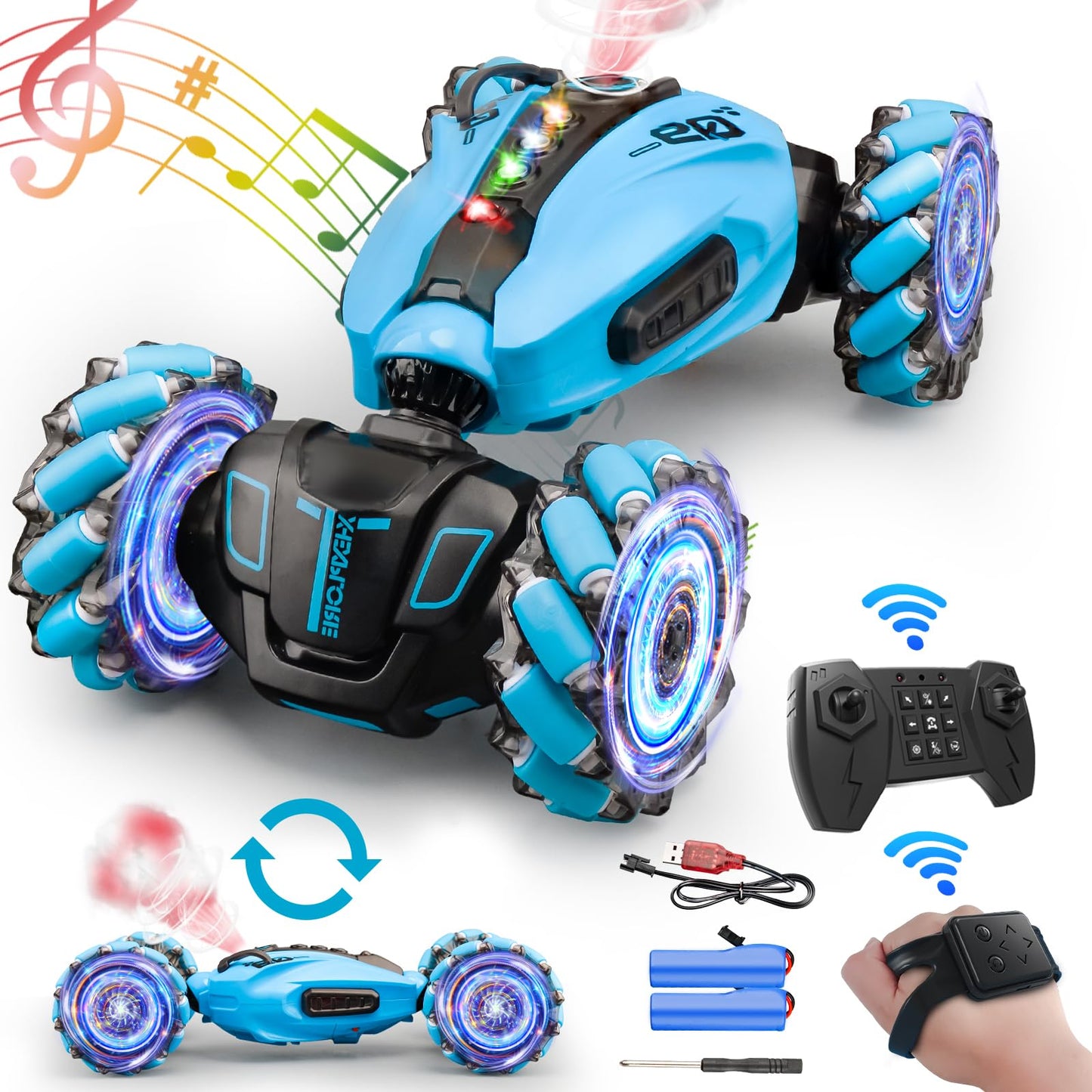Remote Control Car, 2.4G 4WD Gesture RC Car, All Terrains Double Sides Rotating Hand Controlled RC Cars, Hand Gesture RC Truck with 2 Batteries, RC Cars for Boys and Girls with Light Music