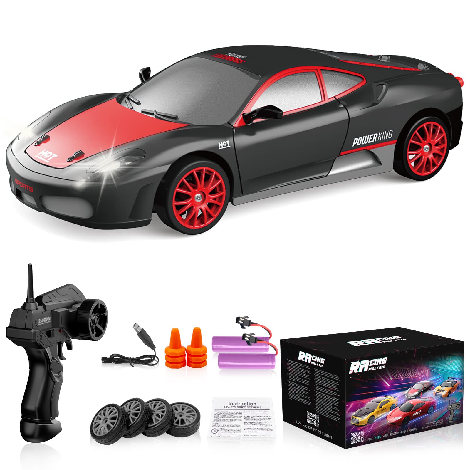 Remote Control Car RC Drift 2.4GHz 1:24 Scale 4WD 15KM/H High Speed Model Vehicle with LED Lights Drifting Tire Racing Sport Toy for Adults Boys Girls Kids Gift 2Pcs Rechargeable Batteries