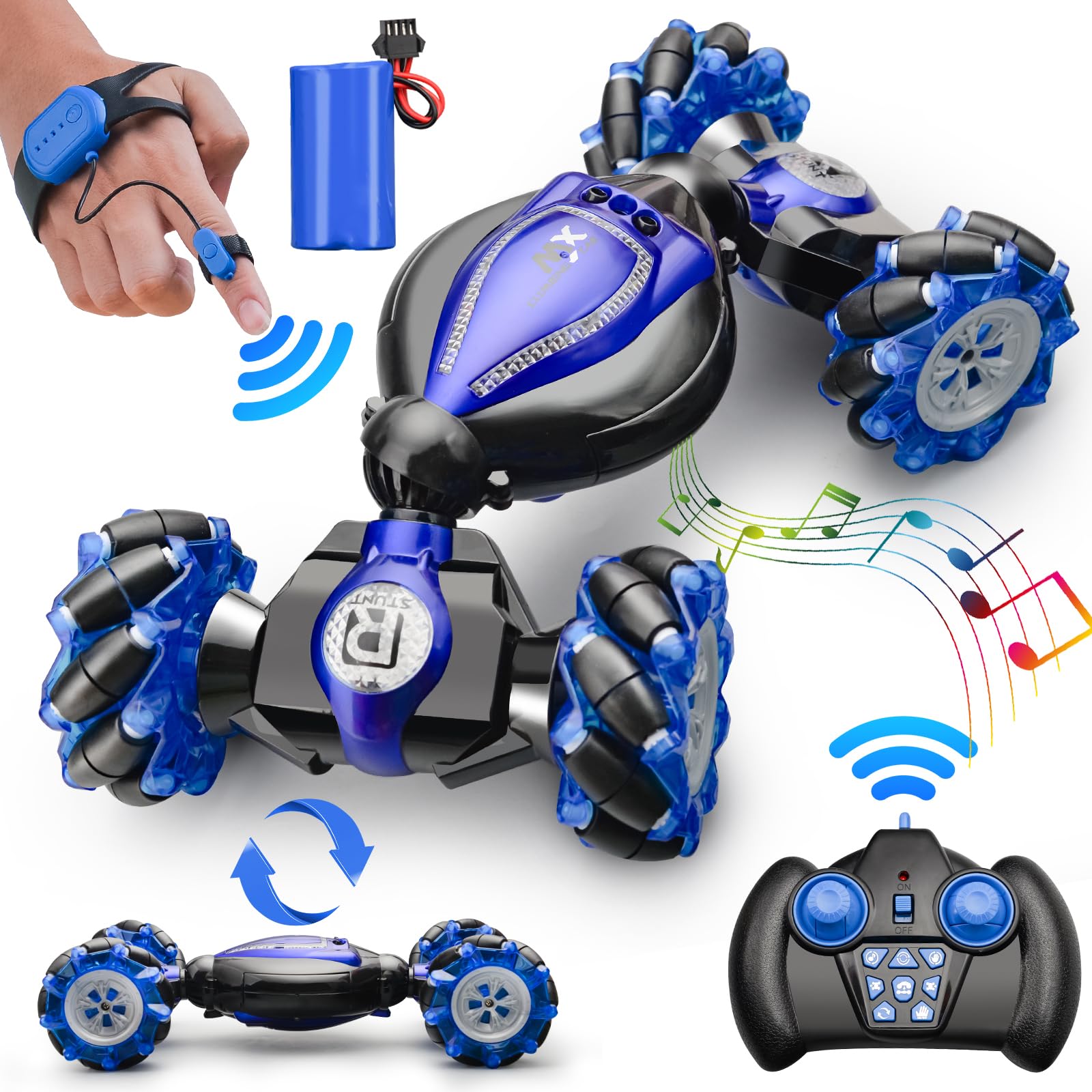 Remote Control Car, 2.4G 4WD Gesture RC Car, All Terrains Double Sides Rotating Hand Controlled RC Cars, Hand Gesture RC Truck with 2 Batteries, RC Cars for Boys and Girls with Light Music