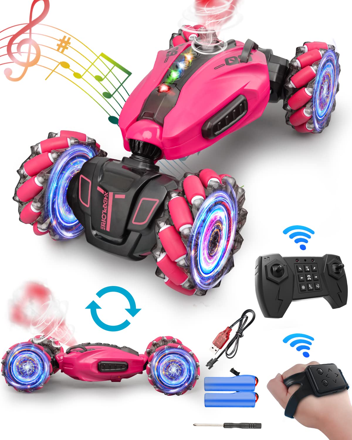 Remote Control Car, 2.4G 4WD Gesture RC Car, All Terrains Double Sides Rotating Hand Controlled RC Cars, Hand Gesture RC Truck with 2 Batteries, RC Cars for Boys and Girls with Light Music