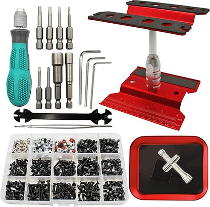 RC Car Repair Stand & Tool Set — 523PCS Screws, Screwdrivers for 1/8-1/18 RC Cars (Red)