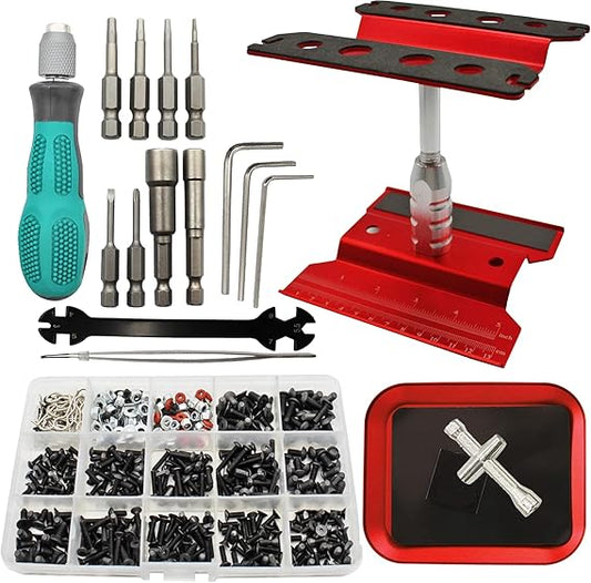 RC Car Repair Stand & Tool Set — 523PCS Screws, Screwdrivers for 1/8-1/18 RC Cars (Red)