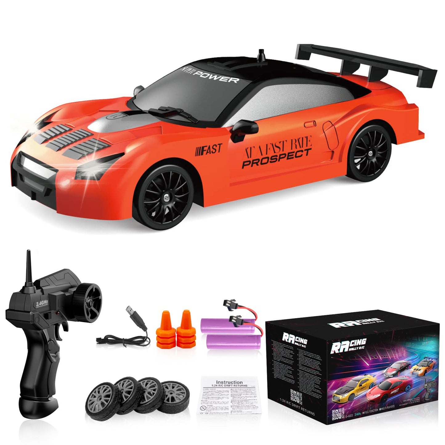 Remote Control Car RC Drift 2.4GHz 1:24 Scale 4WD 15KM/H High Speed Model Vehicle with LED Lights Drifting Tire Racing Sport Toy for Adults Boys Girls Kids Gift 2Pcs Rechargeable Batteries