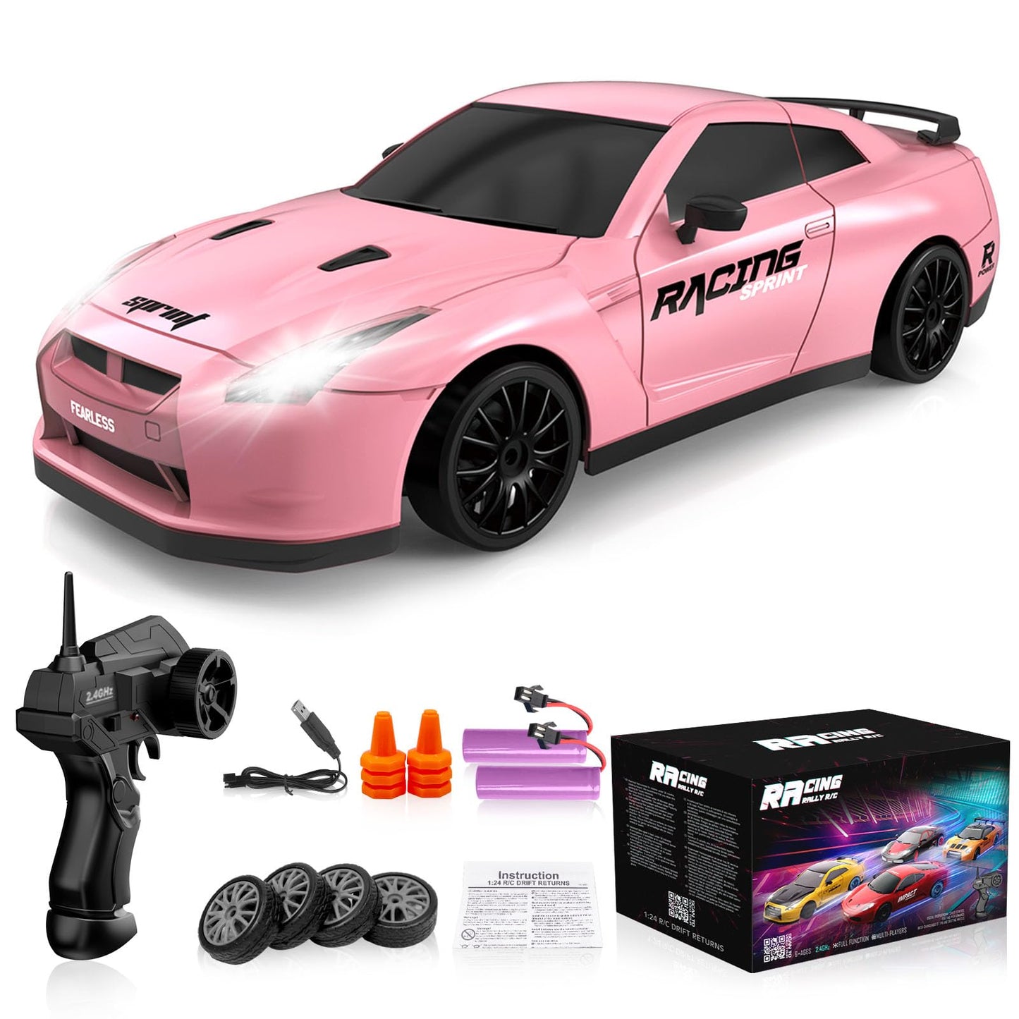 Remote Control Car RC Drift 2.4GHz 1:24 Scale 4WD 15KM/H High Speed Model Vehicle with LED Lights Drifting Tire Racing Sport Toy for Adults Boys Girls Kids Gift 2Pcs Rechargeable Batteries