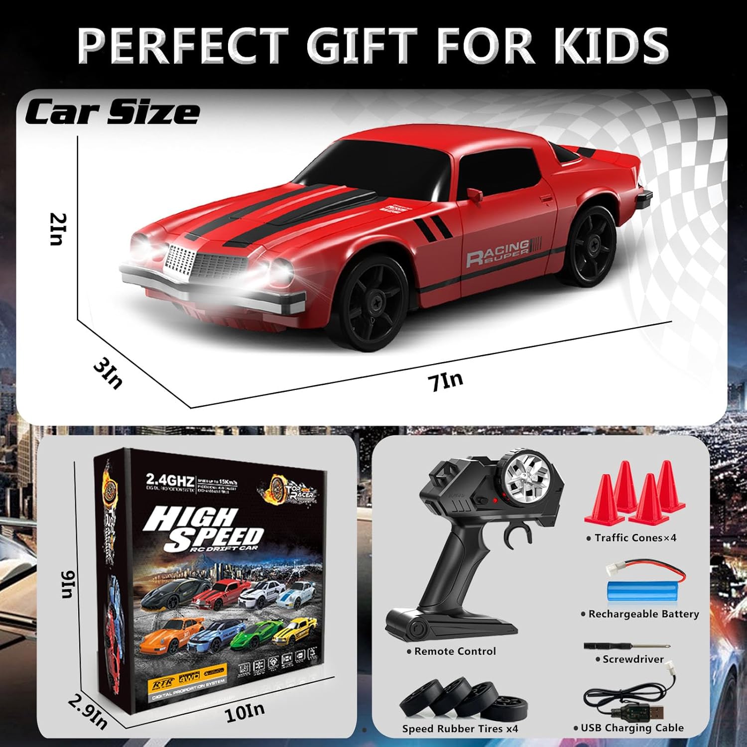RC Drift Car 1:24 Remote Control Car 4WD 15KM/H High Speed Racing Sport Car with LED Lights RC Cars Toy Cars for Kids Boys Girls Adults Gifts Birthday Christmas Rechargeable Batteries