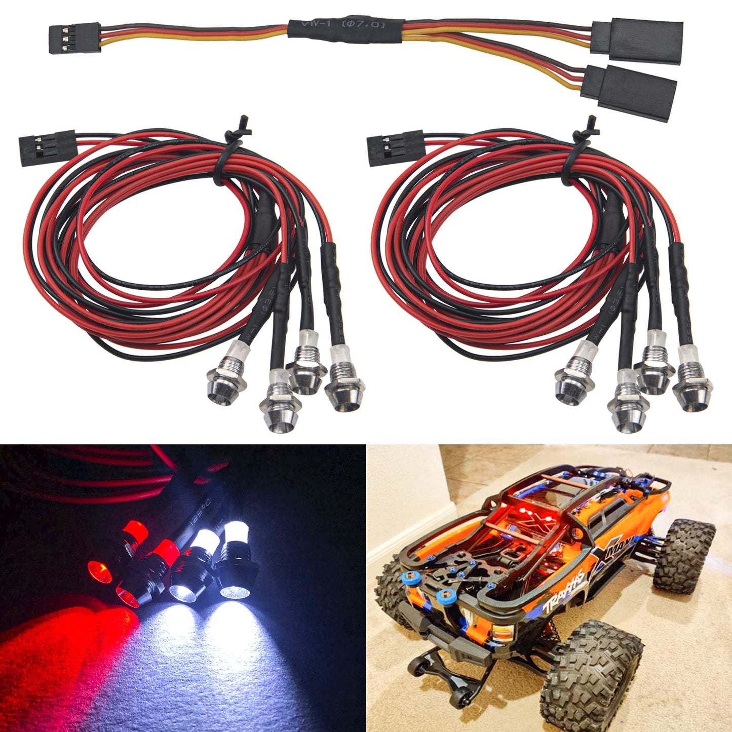2Pack HIRCQOO 4LED RC Car LED Light Headlights Taillight Lighting with JR Y Cable Compatible with Traxxas HSP Tamiya Redcat RC4WD Axial HPI Kyosho Arrma 1/8 1/10 1/12 RC Car,2Red & 2White (5mm LEDs)