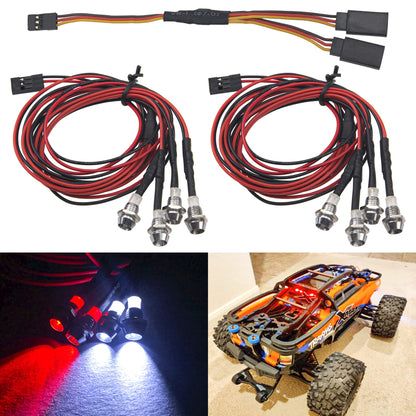 2Pack HIRCQOO 4LED RC Car LED Light Headlights Taillight Lighting with JR Y Cable Compatible with Traxxas HSP Tamiya Redcat RC4WD Axial HPI Kyosho Arrma 1/8 1/10 1/12 RC Car,2Red & 2White (5mm LEDs)