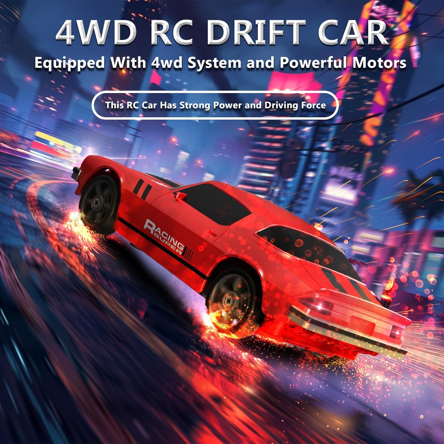 RC Drift Car 1:24 Remote Control Car 4WD 15KM/H High Speed Racing Sport Car with LED Lights RC Cars Toy Cars for Kids Boys Girls Adults Gifts Birthday Christmas Rechargeable Batteries