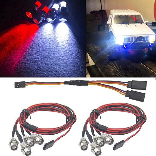 2Pack HIRCQOO 4LED RC Car LED Light Headlights Taillight Lighting with JR Y Cable Compatible with Traxxas HSP Tamiya Redcat RC4WD Axial HPI Kyosho Arrma 1/8 1/10 1/12 RC Car,2Red & 2White (5mm LEDs)